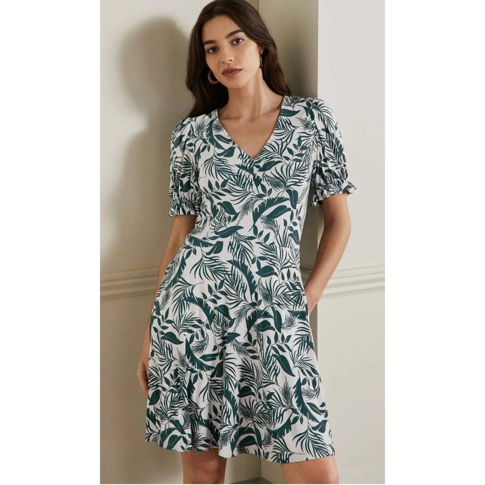 Boden Womens Green White Palm Print Jersey V-Neck‎ Puff Sleeve Dress US 20/22R